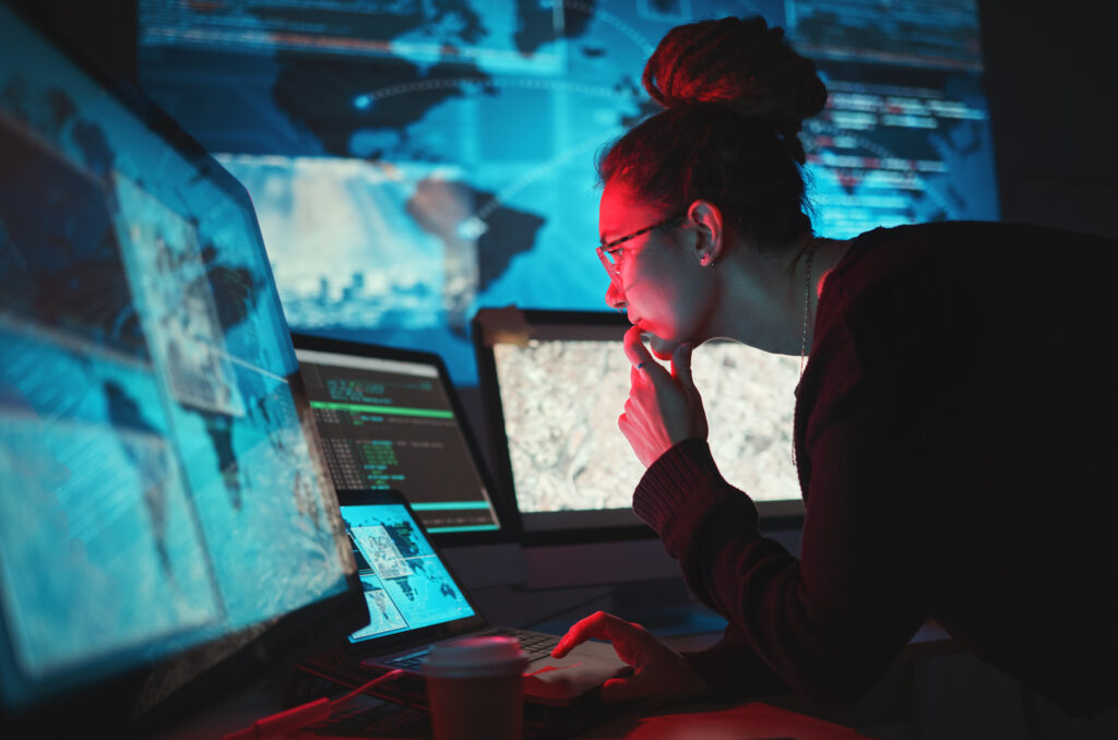 Cybersecurity, woman and computer with global network for phishing, ransomware and cyber search